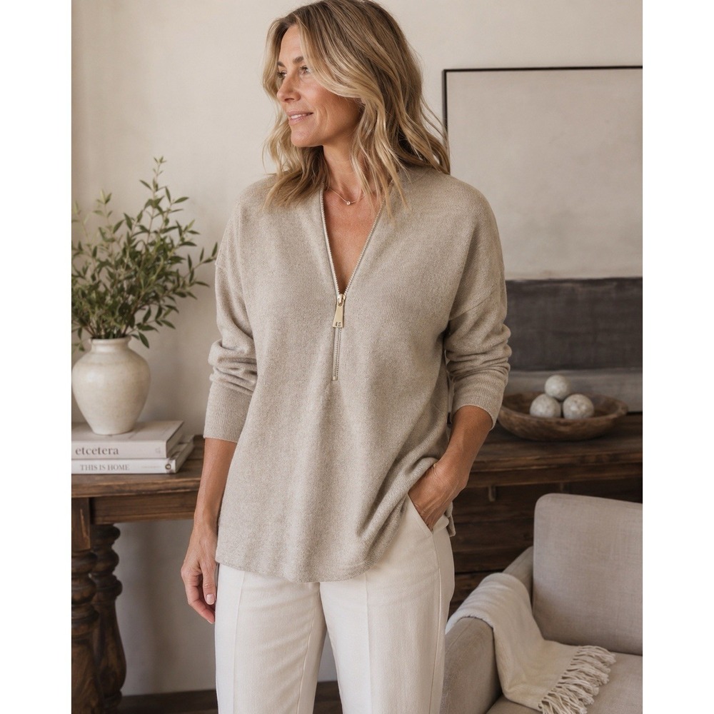 Soft Surroundings Beige Zip Front Knit Sweater Jacket Cardigan Women's Large